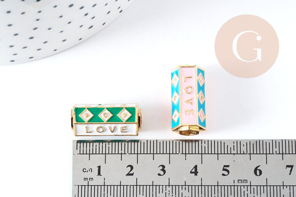 Perle tube talisman LOVE émail coloré laiton doré 22mm, perle dorée bijoux chance, x1 G9062