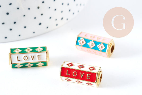Perle tube talisman LOVE émail coloré laiton doré 22mm, perle dorée bijoux chance, x1 G9062