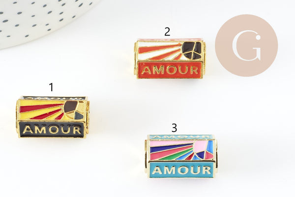 Perle tube talisman message "AMOUR" émail coloré laiton doré 22mm, x1 (G9416)