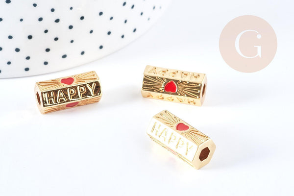 Perle tube talisman message HAPPY doré couleur rouge 21mm, perle dorée bijoux amour, x1 G7671