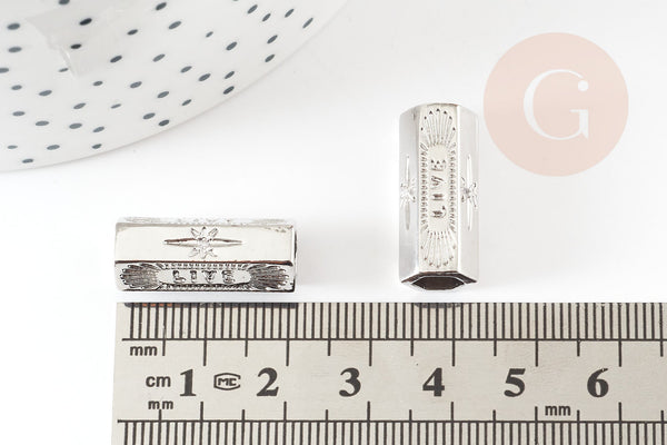 Perle tube talisman message LIVE argenté 21mm, perle argent bijoux chance, x1 G9314