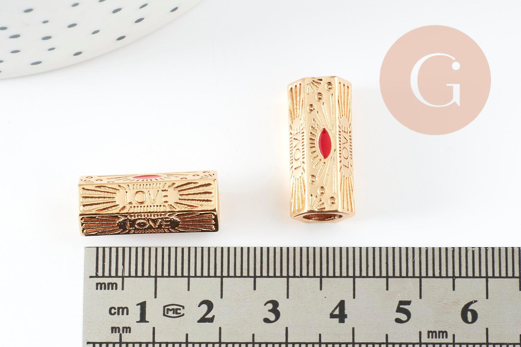 Perle tube talisman message LOVE doré couleur rouge 21mm, perle dorée bijoux amour, x1 G9409