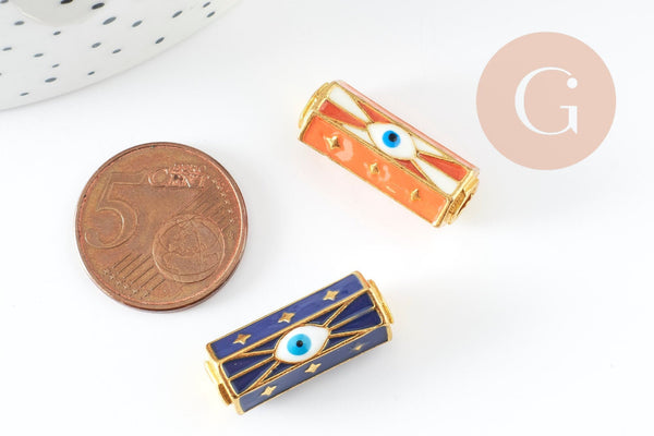 Perle tube talisman oeil protecteur émail coloré laiton doré 22mm, x1 (G9413)