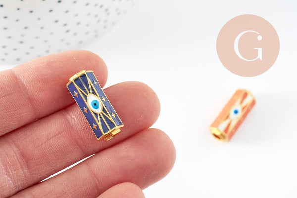 Perle tube talisman oeil protecteur émail coloré laiton doré 22mm, x1 (G9413)