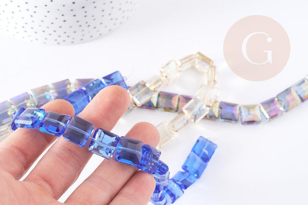 Perle verre carré irisé facetté 12mm, x5 perles (G9076)
