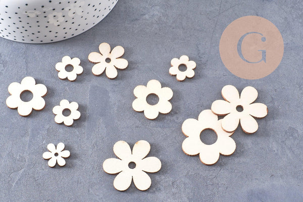 Perles Fleur en bois brut rondes 18-39mm, x10 (G10543)