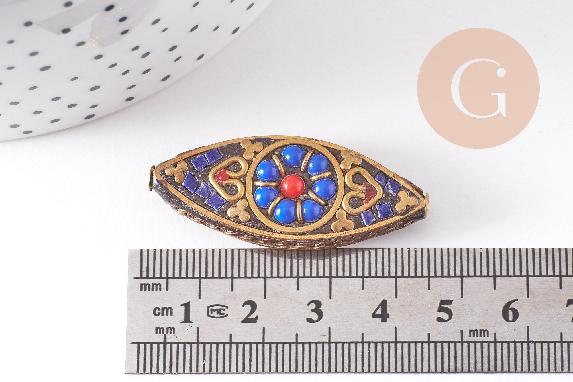 Perles Indonésiennes manuelles, avec les accessoires en laiton, oeil de cheval, or, bleu x1 (G5755)