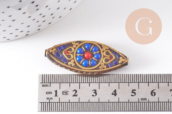 Perles Indonésiennes manuelles, avec les accessoires en laiton, oeil de cheval, or, bleu x1 (G5755)