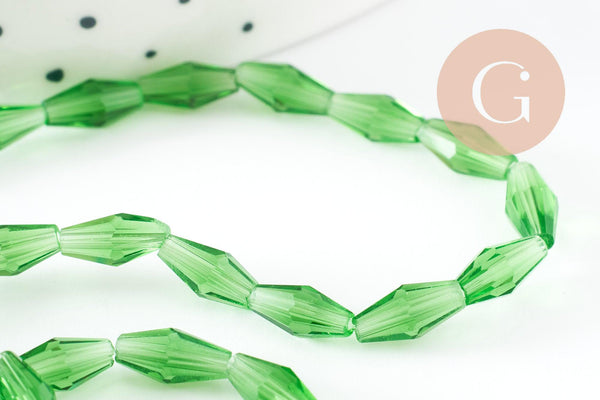 Perles Losange verre transparente facettée vert foncé 8x4mm, perle verre verte, cristal, fil de 58cm, x1 (G7446)