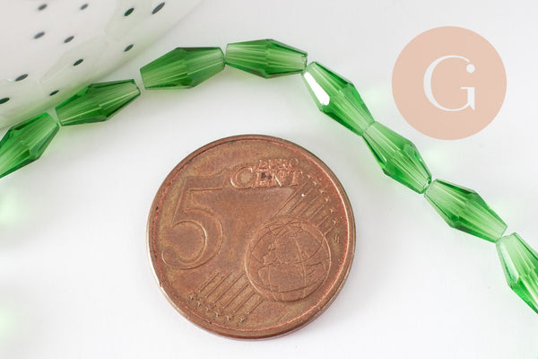 Perles Losange verre transparente facettée vert foncé 8x4mm, perle verre verte, cristal, fil de 58cm, x1 (G7446)