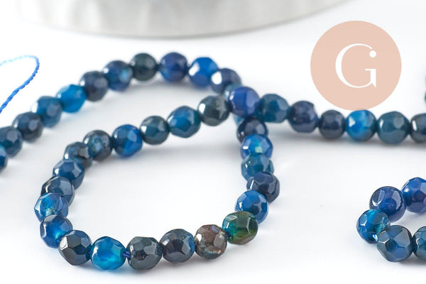 Perles Rondes facettées agate bleue foncée 4mm, perle agate naturelle, pierre gemme, perle facette,4mm,fil de 37cm x1 (G1087)