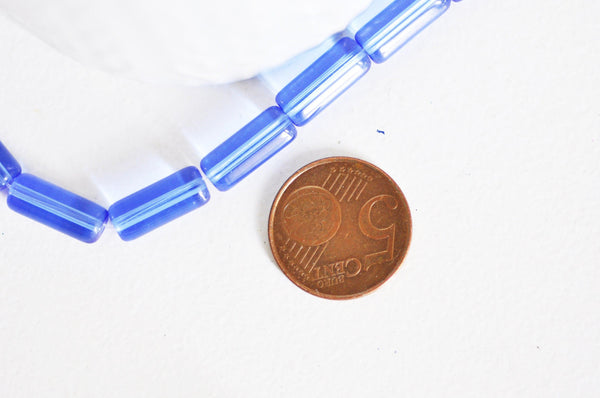 Perles Tube verre bleu roi 15x6mm, x1 fil de 12 perles (G3198)