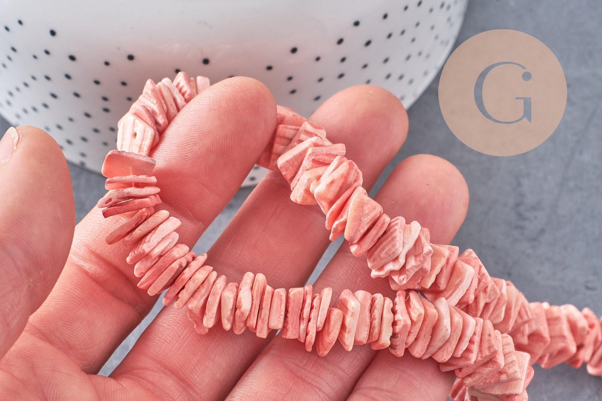Perles chips coquillage naturel teinté en rose 15mm, fil de 40cm, x1 (G0147)