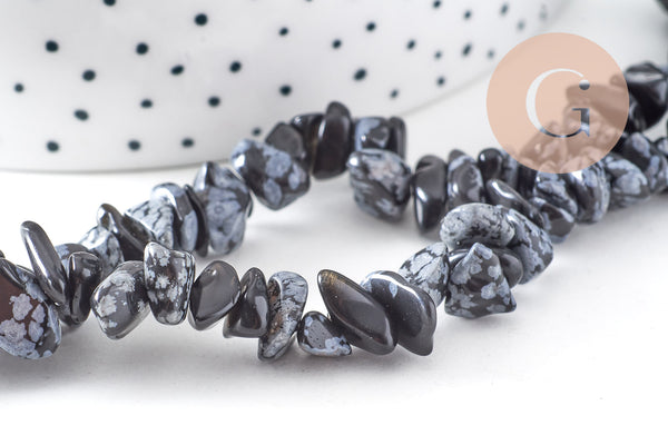 Perles chips en obsidienne neige naturelle 5-8mm, x1 fil de 90 cm(G1266)