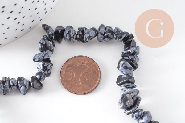 Perles chips en obsidienne neige naturelle 5-8mm, x1 fil de 90 cm(G1266)
