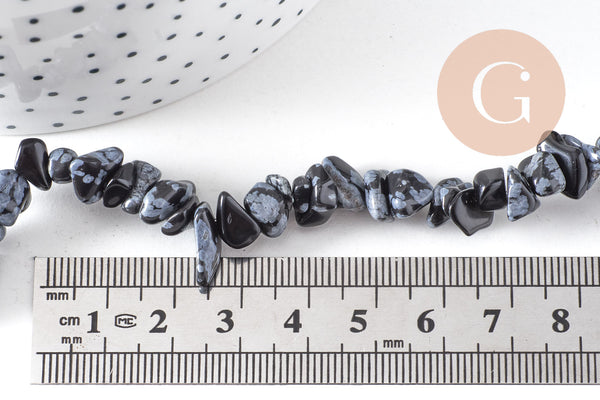 Perles chips en obsidienne neige naturelle 5-8mm, x1 fil de 90 cm(G1266)
