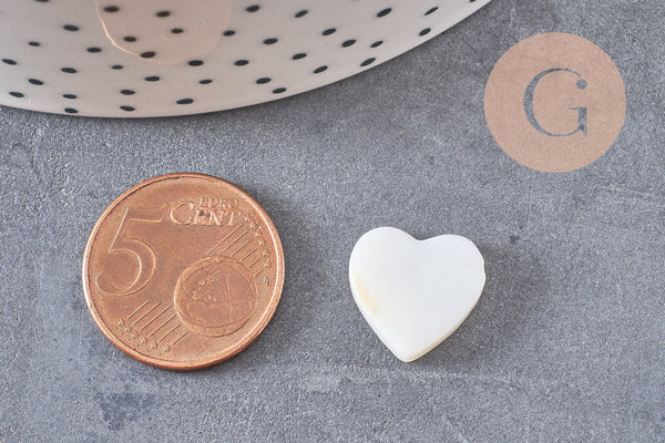 Perles coeur nacre blanche naturelle 13mm, x5 (G1073)