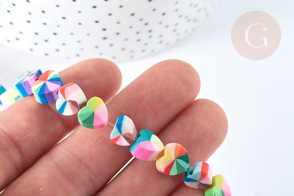 Perles cœur polymère multicolore heishi 9mm, Perles plastique coeur, le fil de 34cm G7200