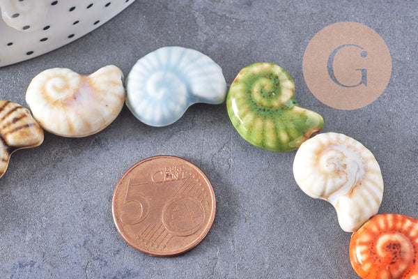 Perles coquillage escargot porcelaine multicolore 20.5mm, x1 fil de 35cm (G10325)