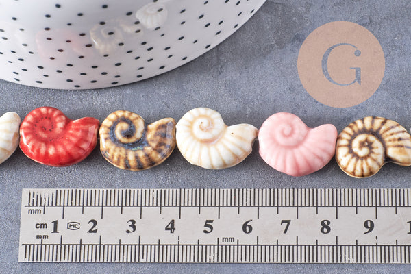 Perles coquillage escargot porcelaine multicolore 20.5mm, x1 fil de 35cm (G10325)