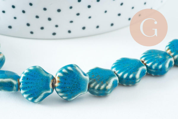 Perles coquillage porcelaine vert bleu 13.5mm, x1 fil de 30cm (G10733)