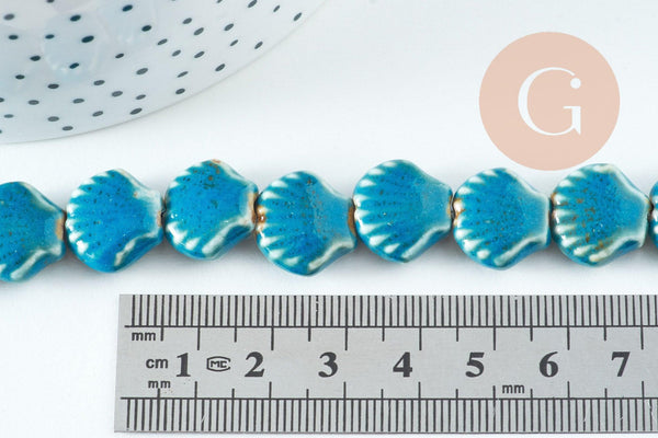 Perles coquillage porcelaine vert bleu 13.5mm, x1 fil de 30cm (G10733)