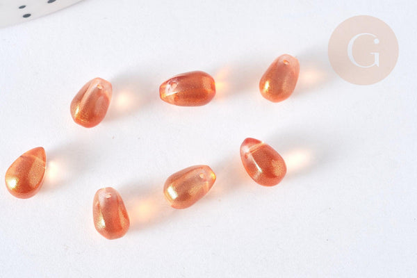 Perles cristal goutte orange paillettes dorées 9mm, x50 (G7290)