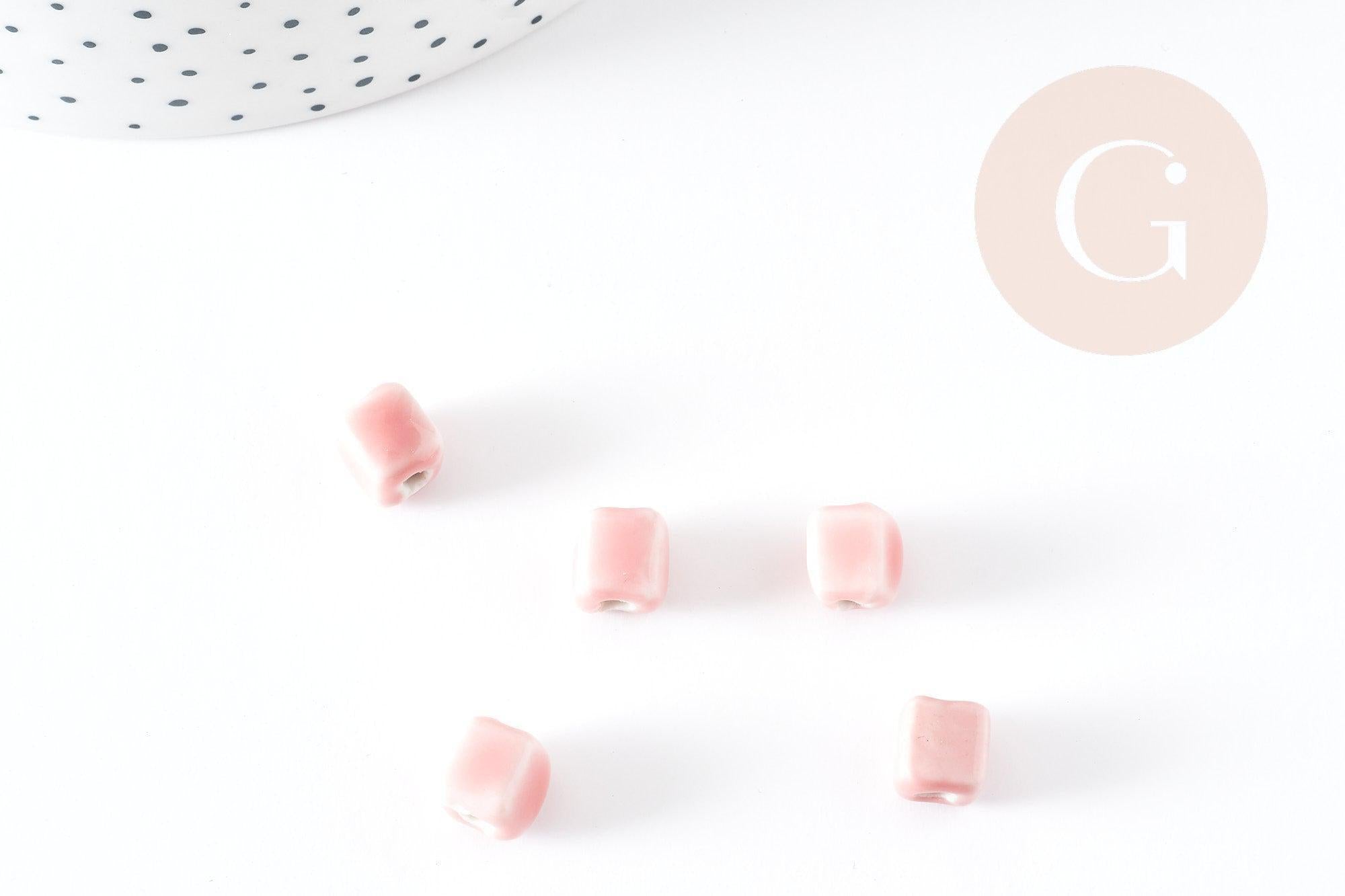 Perles cube céramique rose 8mm, x5 (G9150)