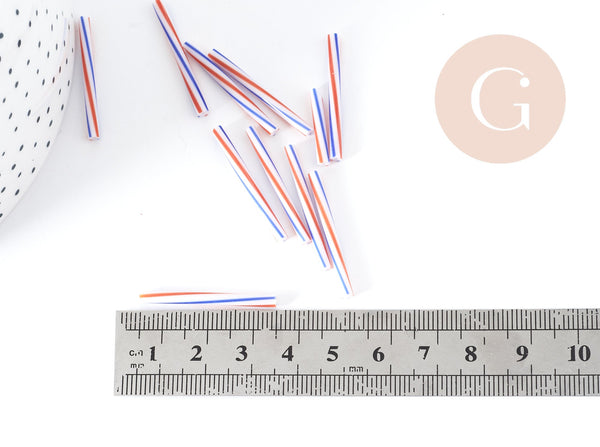 Perles de rocaille tubes tricolore bleu blanc rouge 30x2.5mm, fabrication de bijoux fantaisie, x 10gr G8987