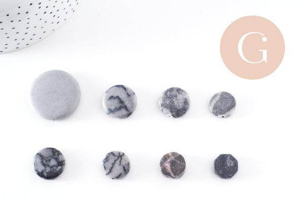 Perles disque jaspe naturel gris marbré 11-26mm, x5 (G10147)