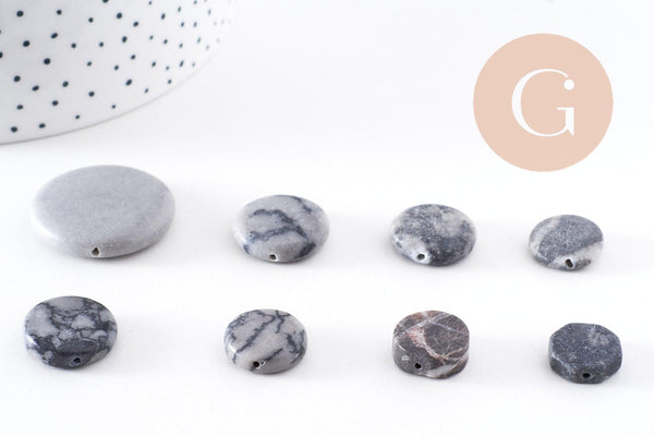 Perles disque jaspe naturel gris marbré 11-26mm, x5 (G10147)