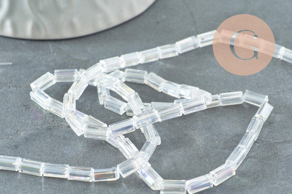 Perles facette rectangulaire verre irisé transparent, verre, rectangle, fil de 54cm, x1 (G2324)