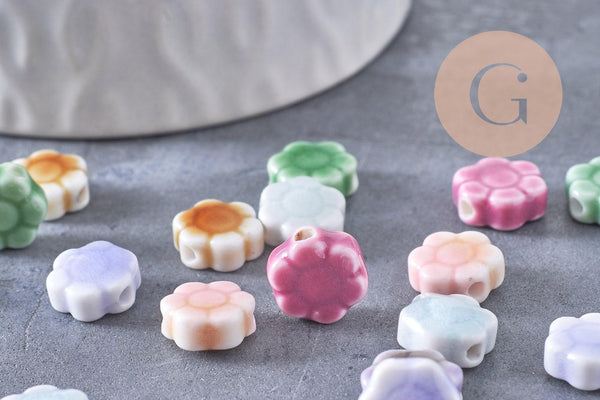 Perles fleur porcelaine multicolore antique 10mm, x5 (G10281)