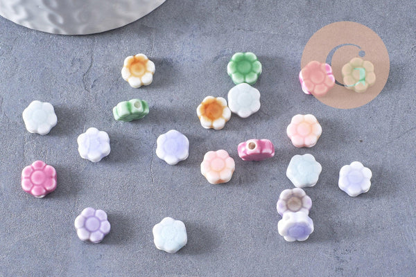 Perles fleur porcelaine multicolore antique 10mm, x5 (G10281)