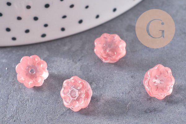 Perles fleur verre rose corail 11mm, perles verre tchèque, perles fleur, verre violet, x10 (G4584)