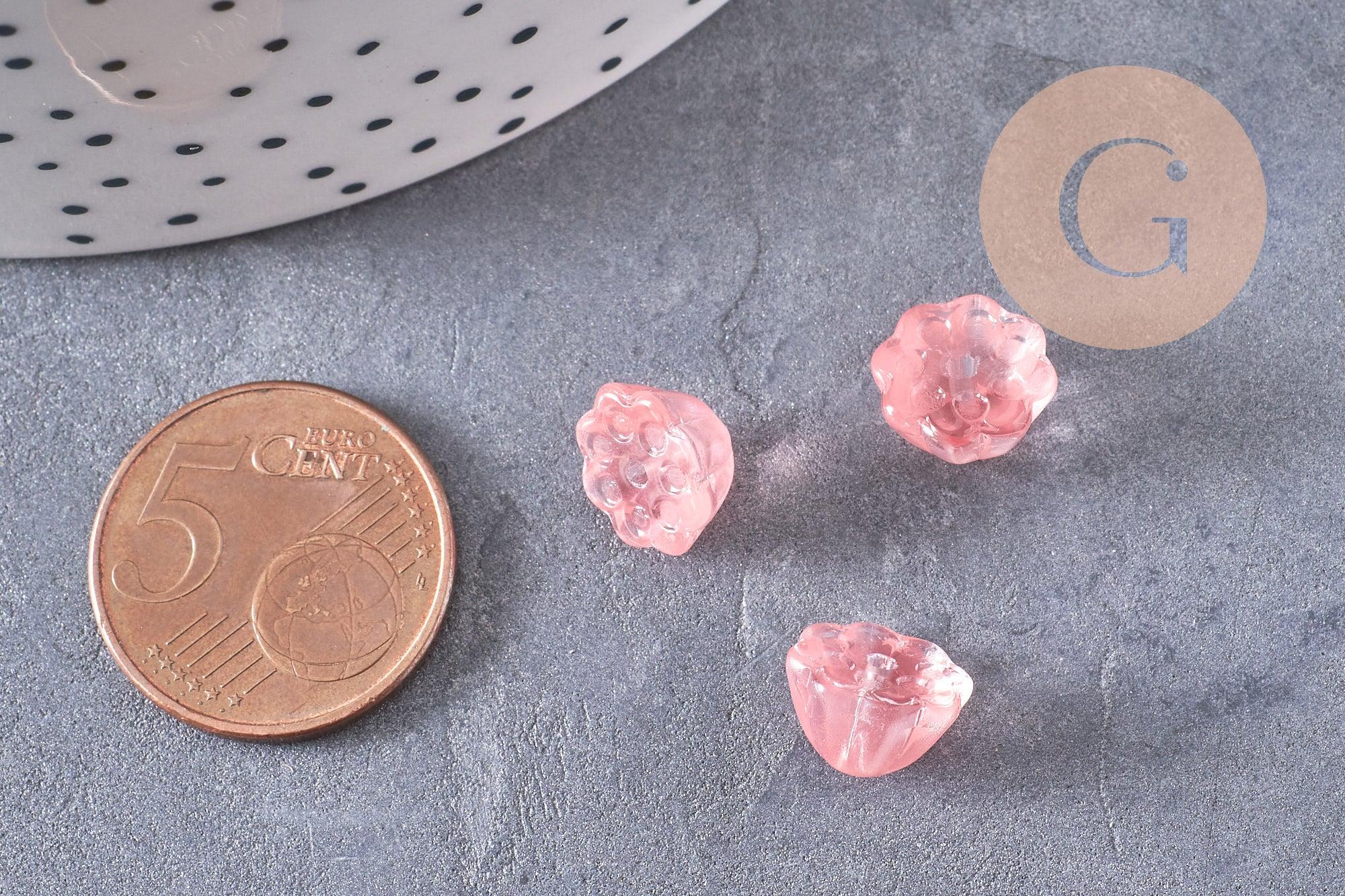 Perles fleur verre rose corail 11mm, perles verre tchèque, perles fleur, verre violet, x10 (G4584)