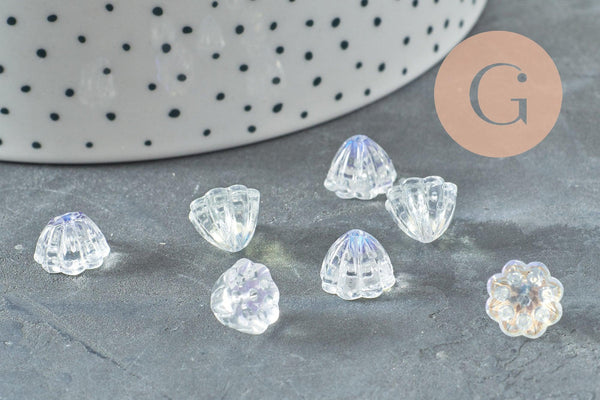 Perles fleur verre transparent opalescent 11 mm, perles verre tchèque, perles fleur, x10 (G9820)