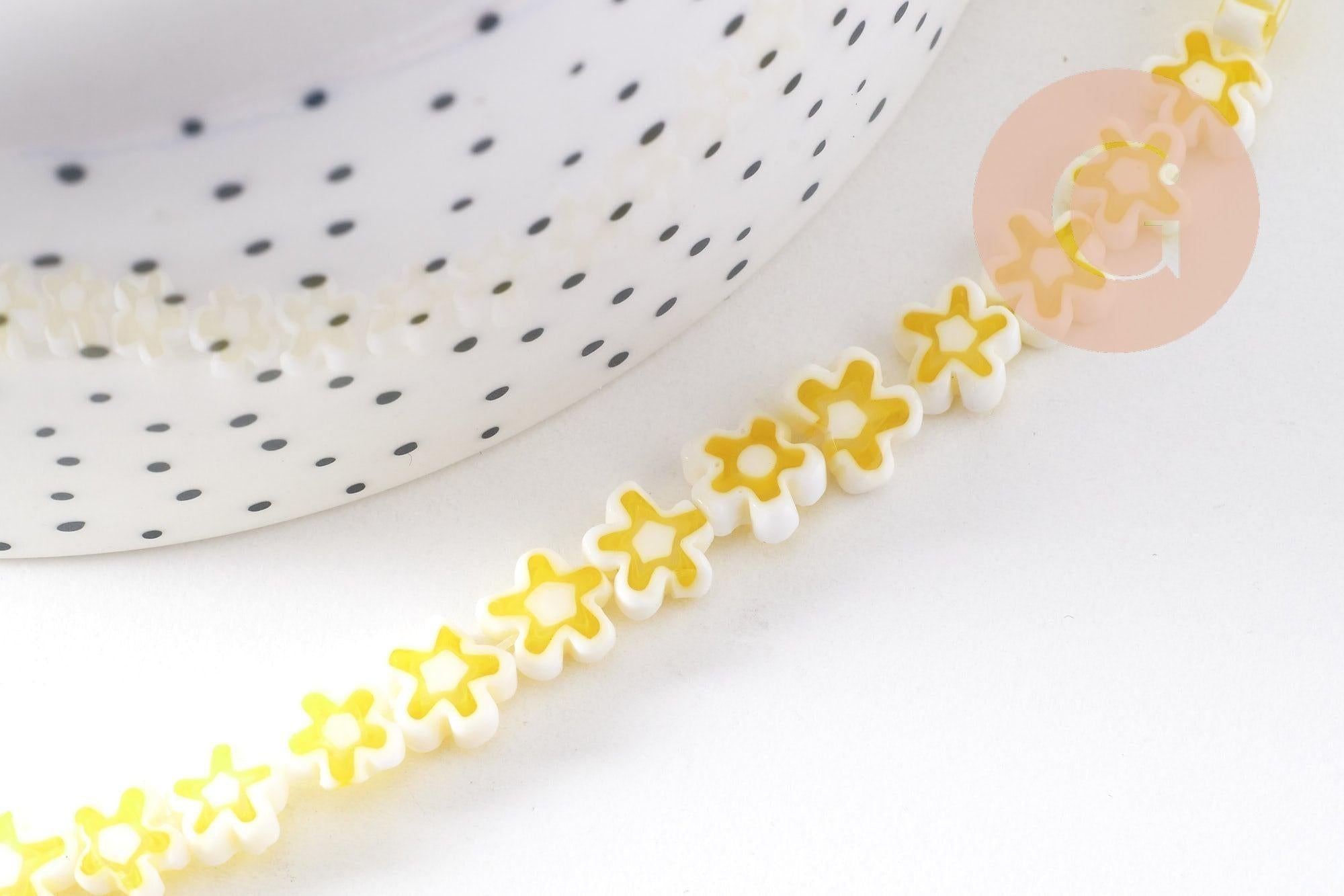 Perles fleurs verre millefiori artisanal 6.5-9mm, x1 fil de 40cm (G10493)
