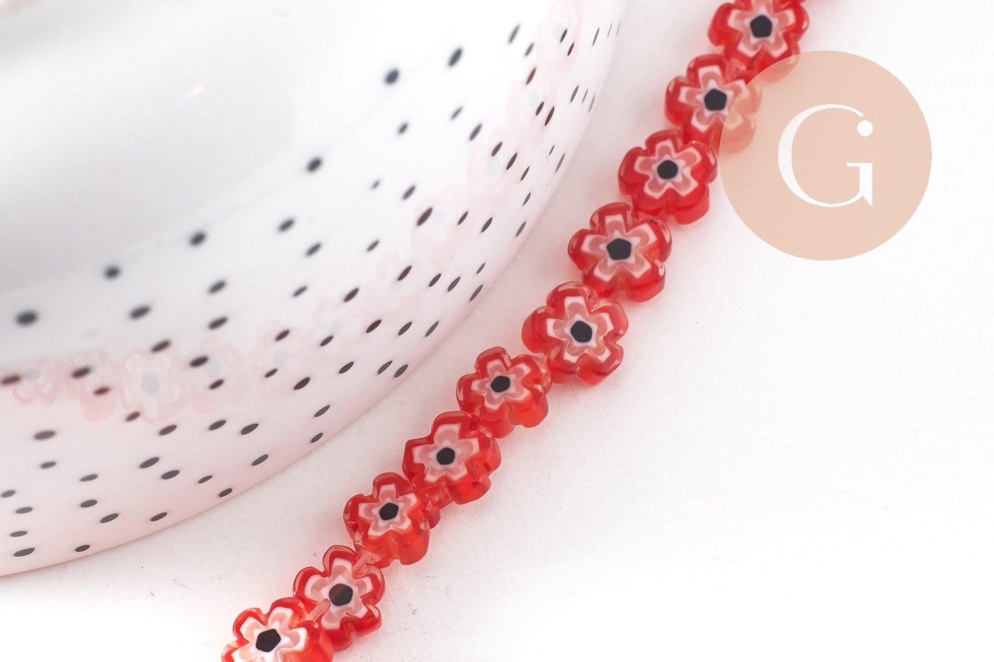 Perles fleurs verre millefiori artisanal 6.5-9mm, x1 fil de 40cm (G10493)