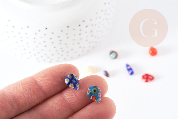 Perles goutte verre millefiori 10-17mm, perle verre artisanale verre pour création bijoux, x5 (G1943)