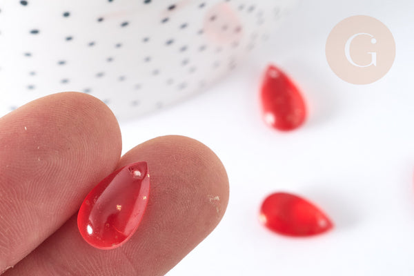 Perles gouttes verre transparent rouge paillettes dorées 14,5mm, perle, x5 (G7297)