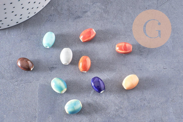 Perles ovales porcelaine multicolore 12mm, x10 (G10323)