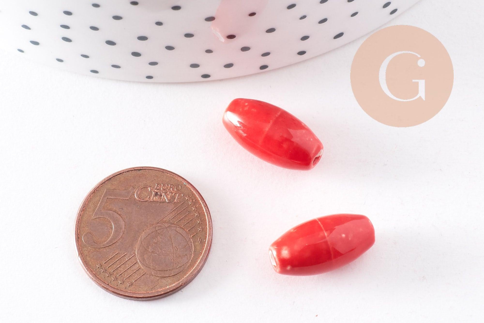 Perles ovales porcelaine rouge,perles céramique, porcelaine émaillée, 1.6cm, x5 (G5380)