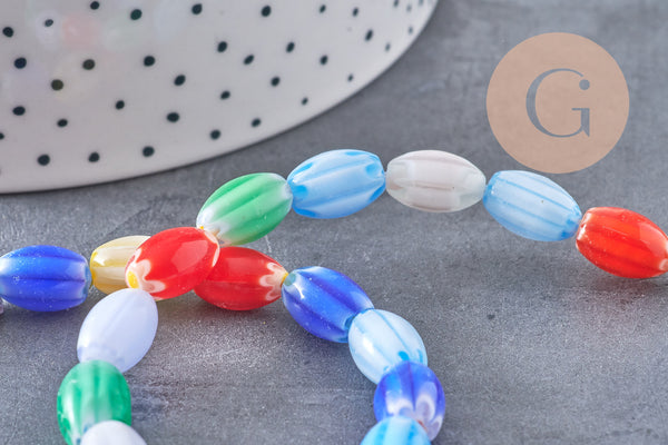 Perles ovales verre millefiori artisanal 12mm, x1 fil de 38cm (G10812)