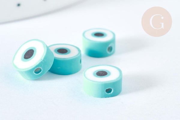 Perles polymère rondes plates bleu ciel mauvais oeil 10,5-12mm, x5 (G7203)