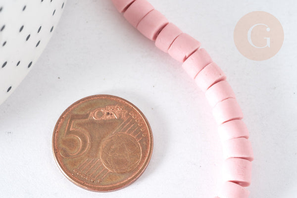 Perles porcelaine heishi rose 6x3~4 mm, bijoux céramique, fil de 48cm, x1 G7537