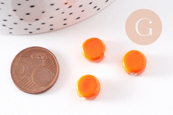 Perles porcelaine orange, perle céramique,perle disque, céramique orange,10mm, x10 G4729