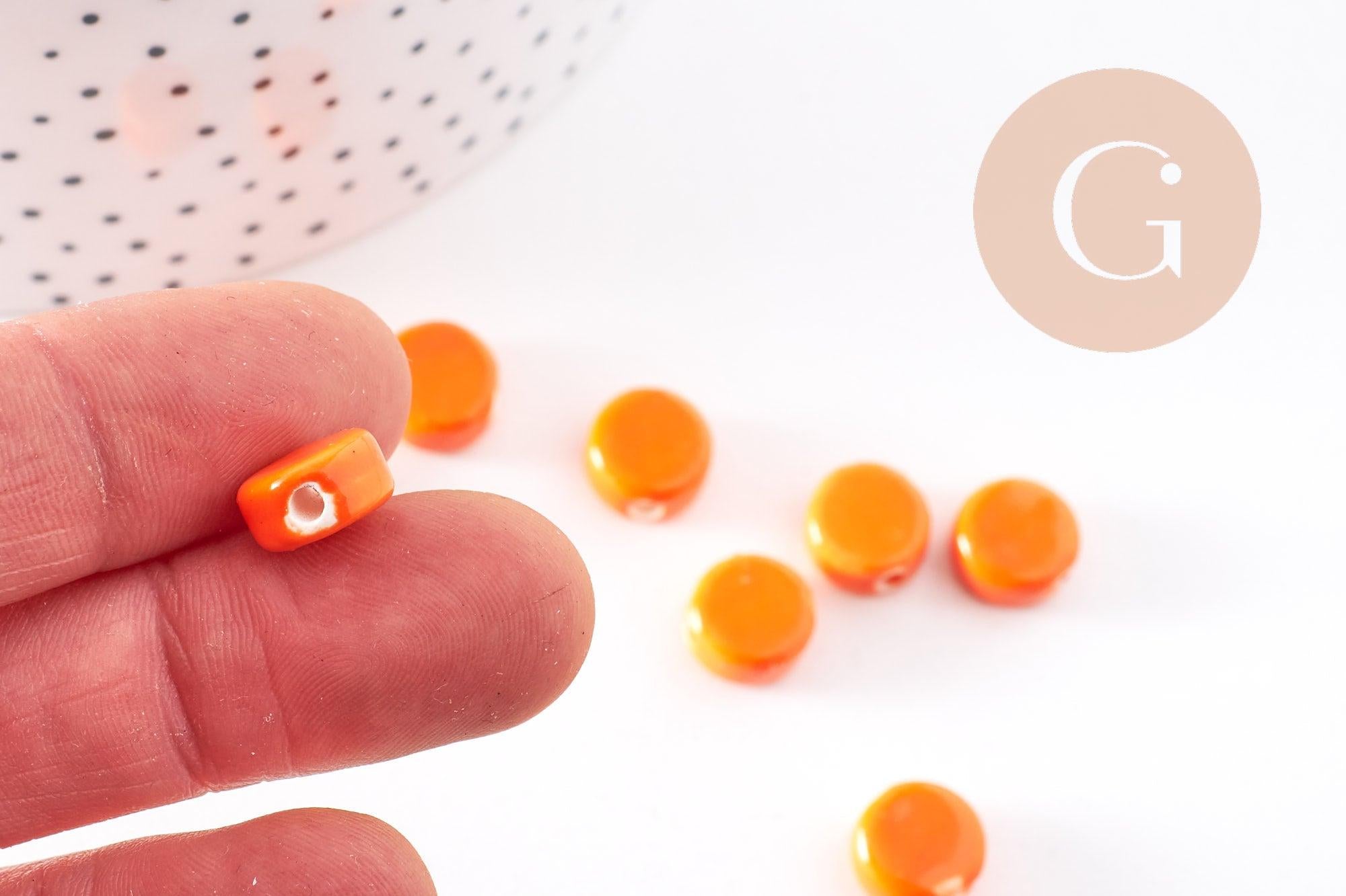 Perles porcelaine orange, perle céramique,perle disque, céramique orange,10mm, x10 (G4729)