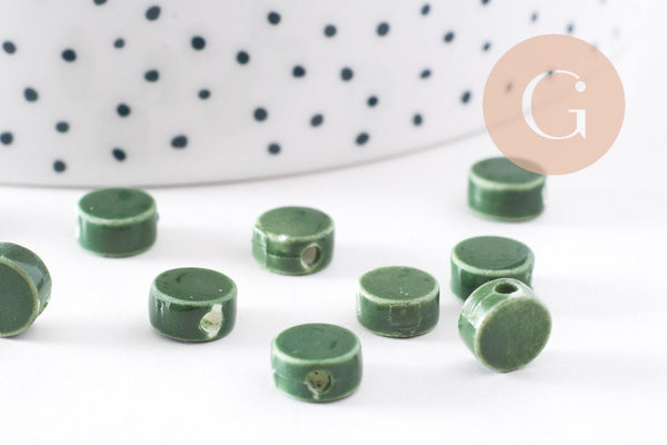 Perles porcelaine vert foncé, perle céramique, perle porcelaine,perle disque, céramique verte,8mm, x10 G4730