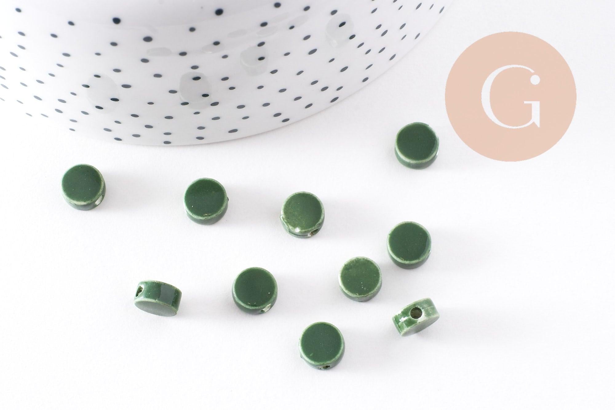 Perles porcelaine vert foncé, perle porcelaine,perle disque, céramique verte,8mm, x10 (G4730)